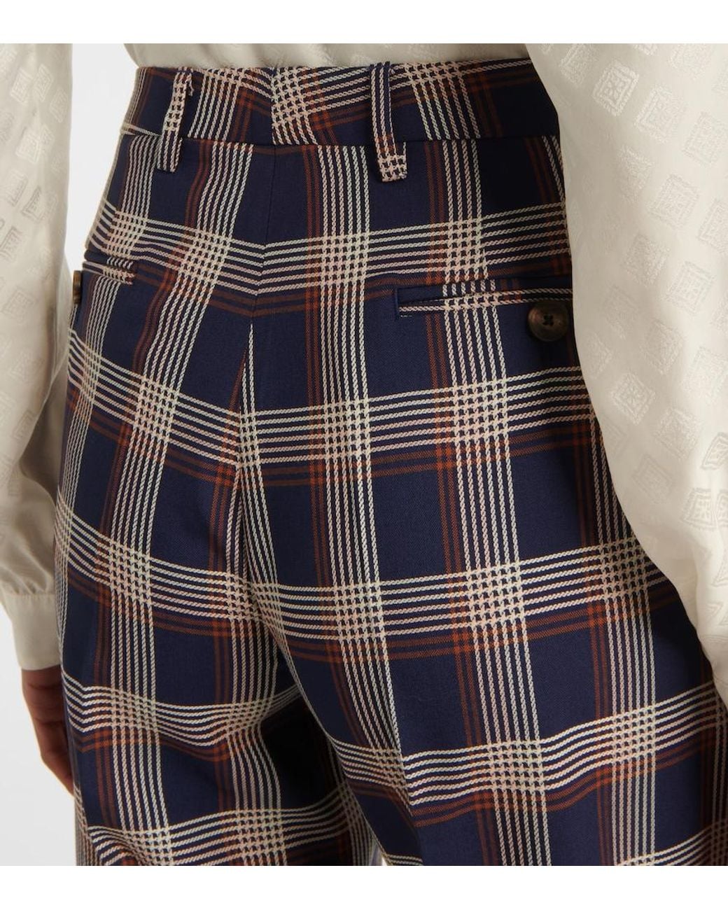 Etro Blue Checked High-Rise Wool Wide-Leg Pants
