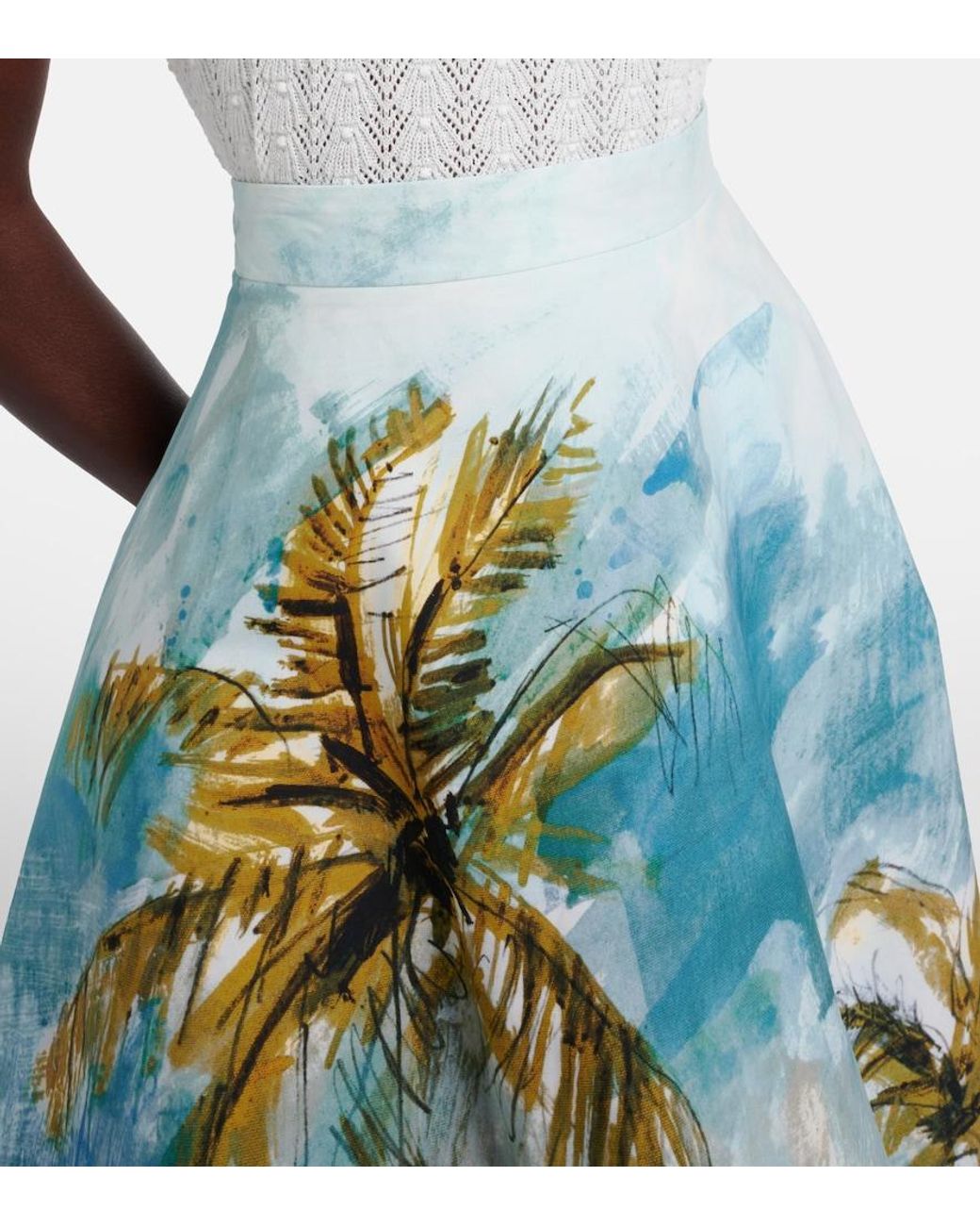 Oscar de la Renta Blue Printed Cotton-Blend Poplin Midi Skirt