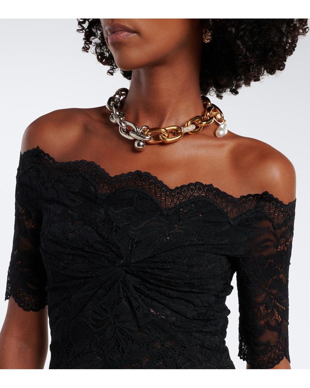 Rabanne Black Off-Shoulder Lace Midi Dress