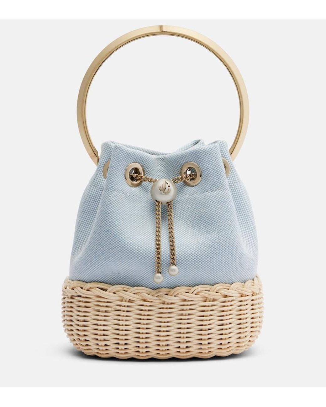 Jimmy Choo Blue Bon Bon Canvas And Wicker Bucket Bag