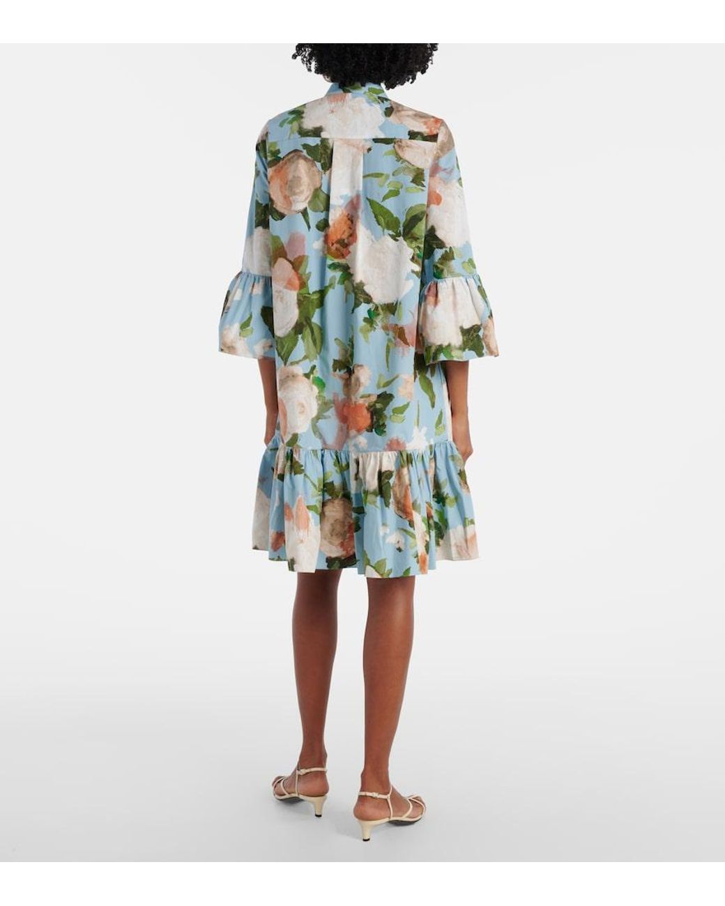 Erdem Green Floral Gathered Cotton Poplin Minidress