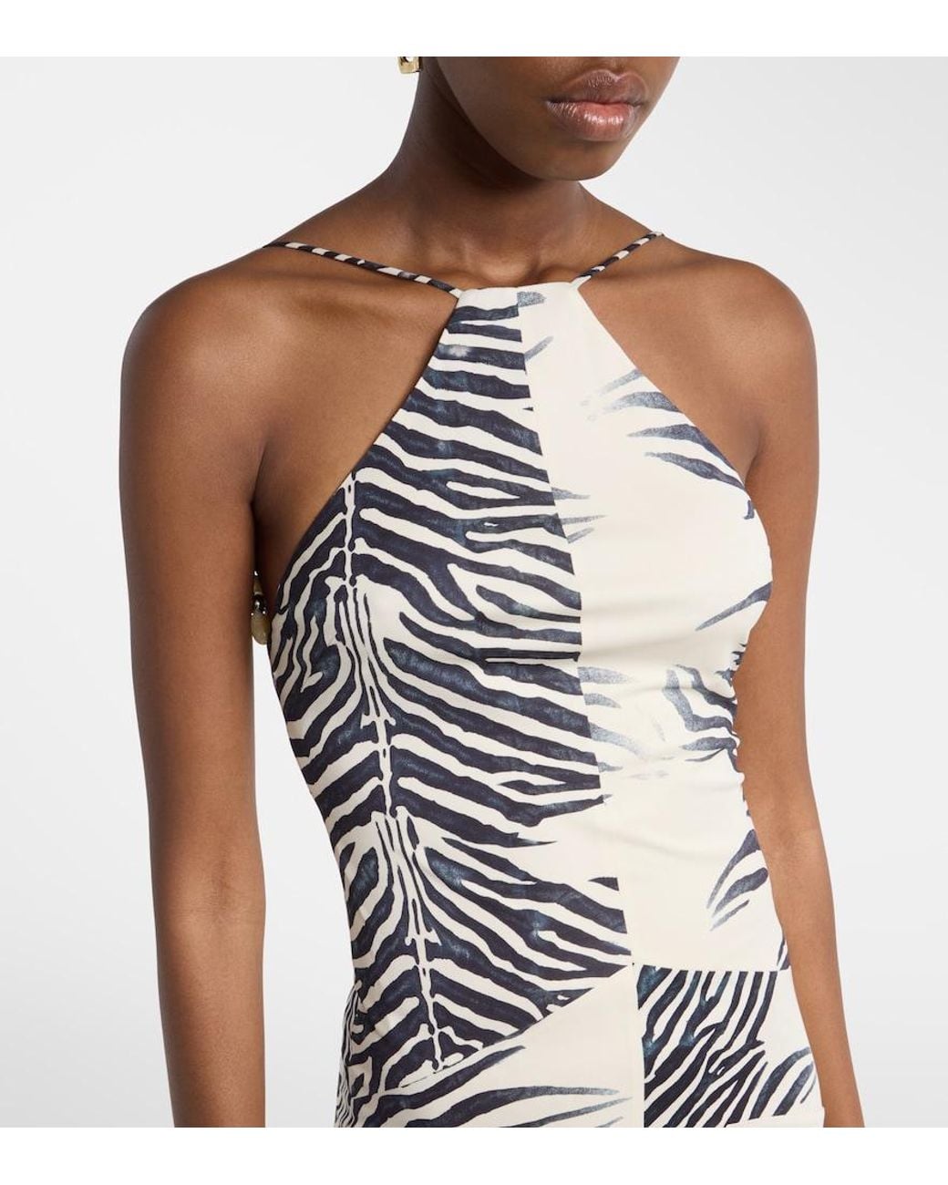 De La Vali Metallic Artemis Asymmetric Zebra-Print Gown