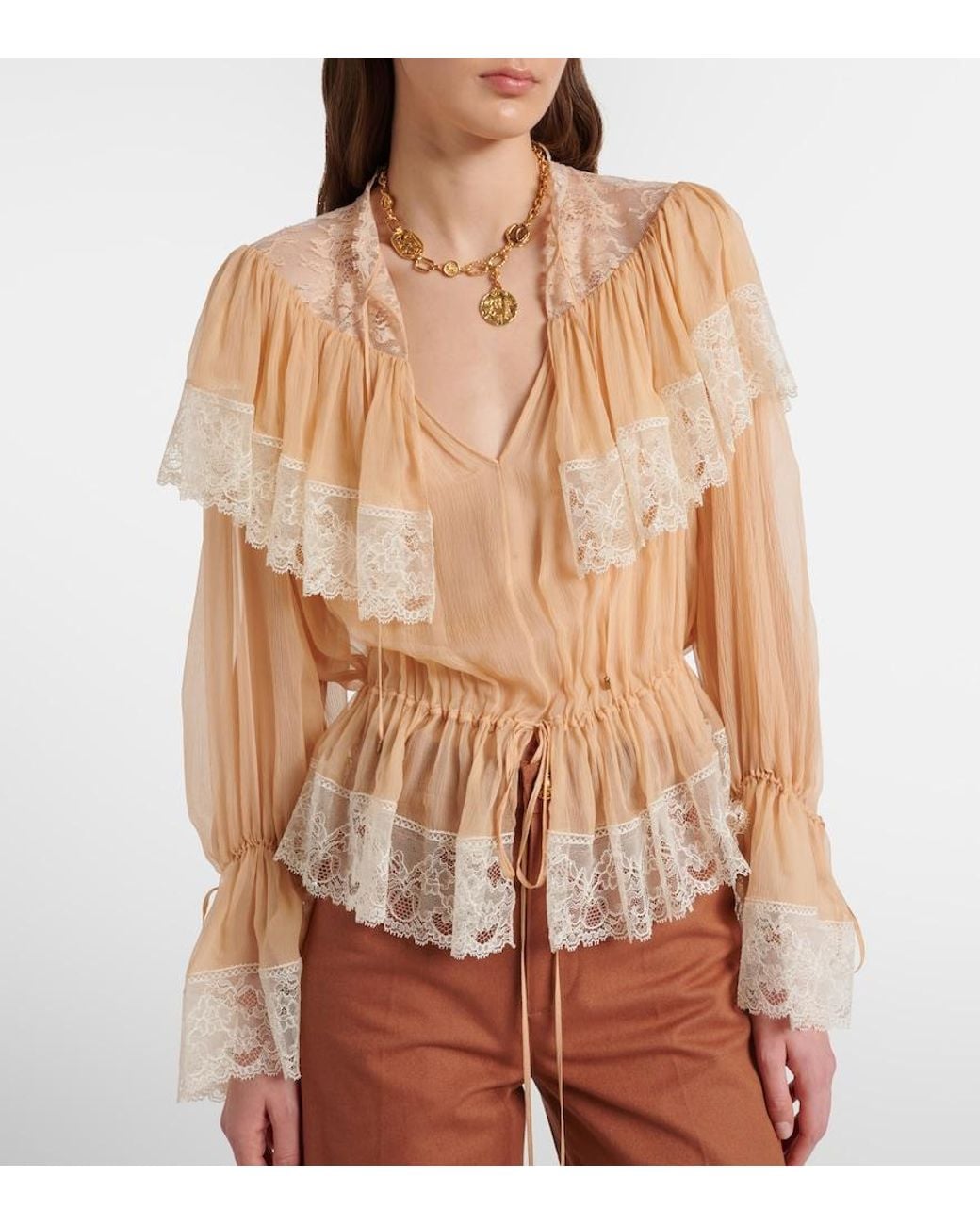 Chloé White Lace-Trimmed Silk Blouse