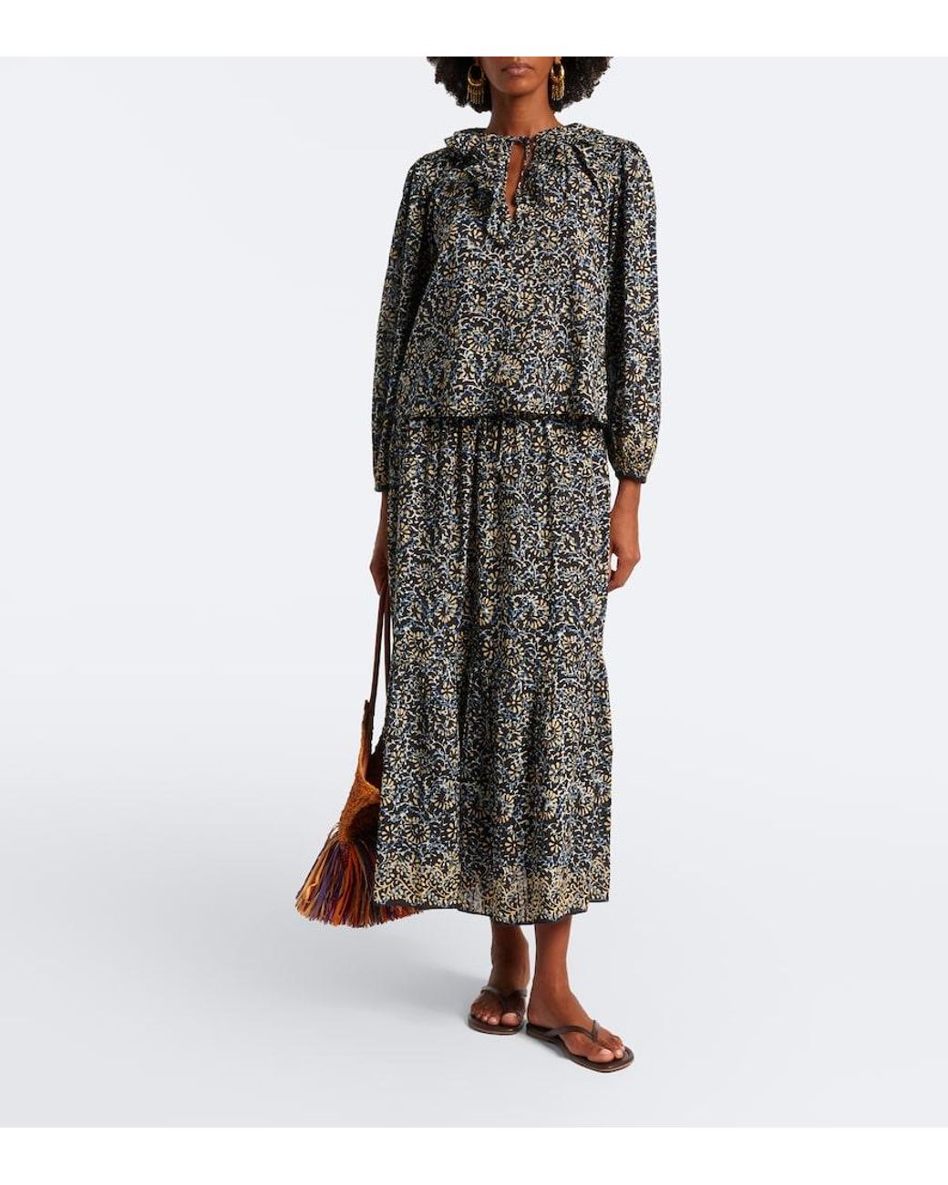 Ulla Johnson Gray Olina Printed Tiered Cotton-Blend Midi Skirt
