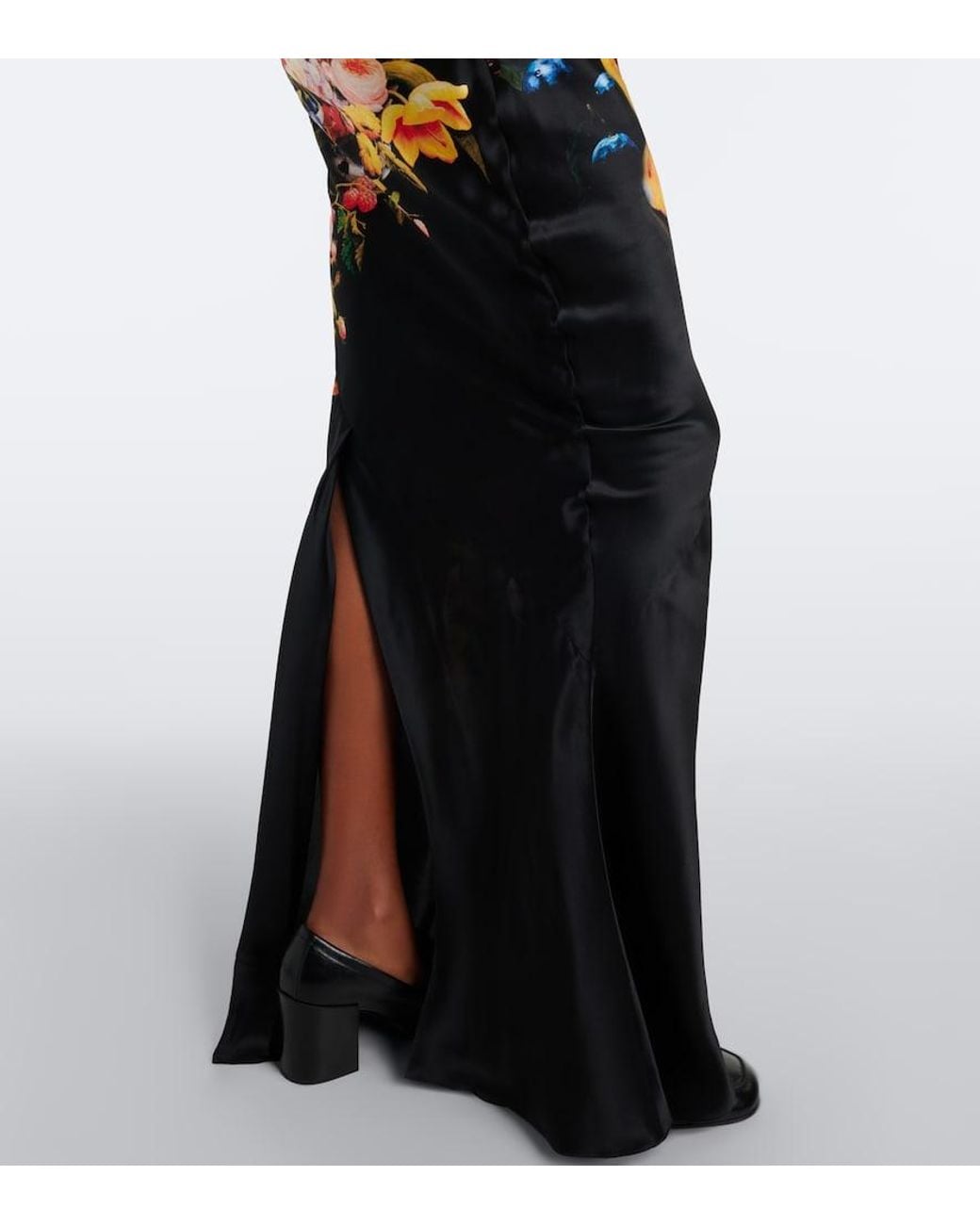 Dries Van Noten Black Draped Printed Silk Satin Gown