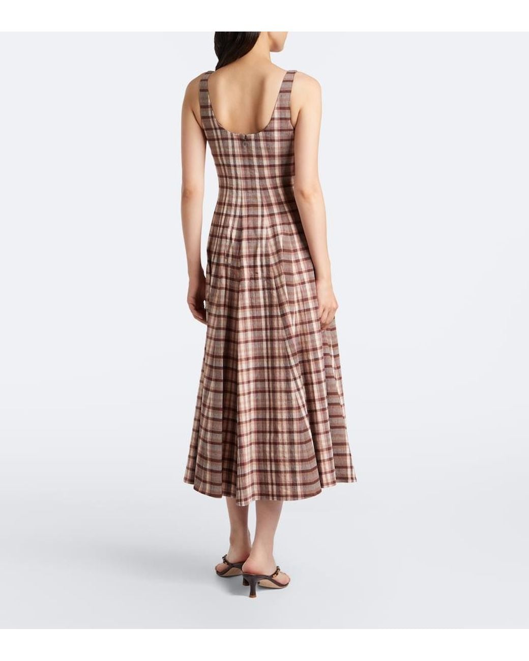 Staud Brown Wells Checked Linen-Blend Midi Dress