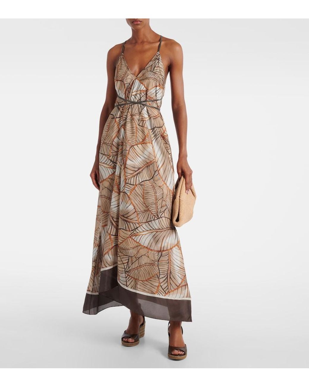 Brunello Cucinelli Natural Printed Silk Maxi Dress