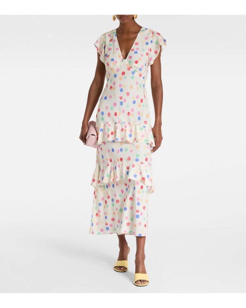 Rixo White Meena Polka-Dot Tiered Maxi Dress