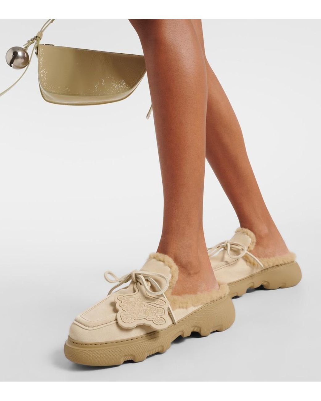 Burberry White Ekd Shearling-Lined Suede Mules