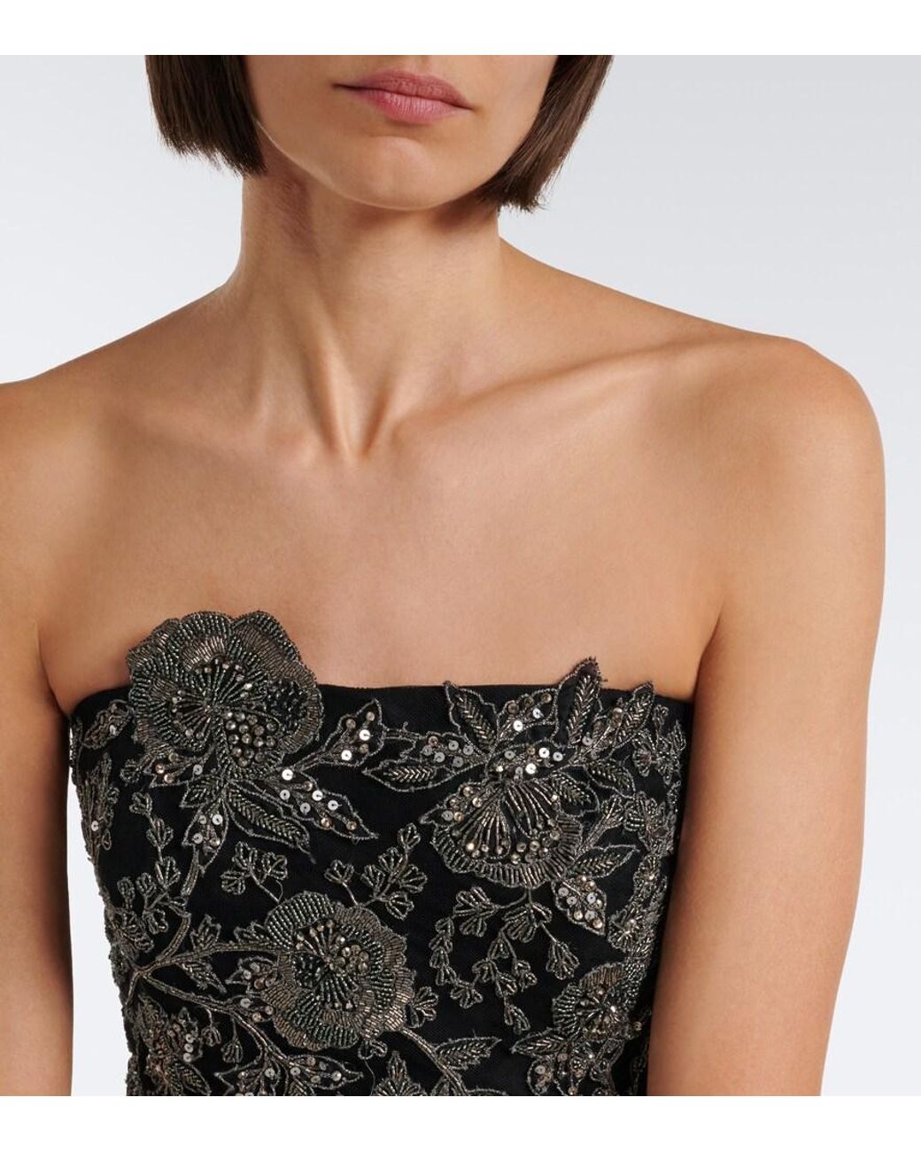 Carolina Herrera Black Floral Embellished Bustier Dress