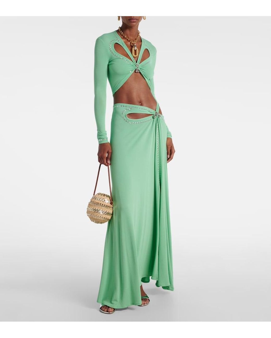 Rabanne Green Cutout Embellished Crop Top