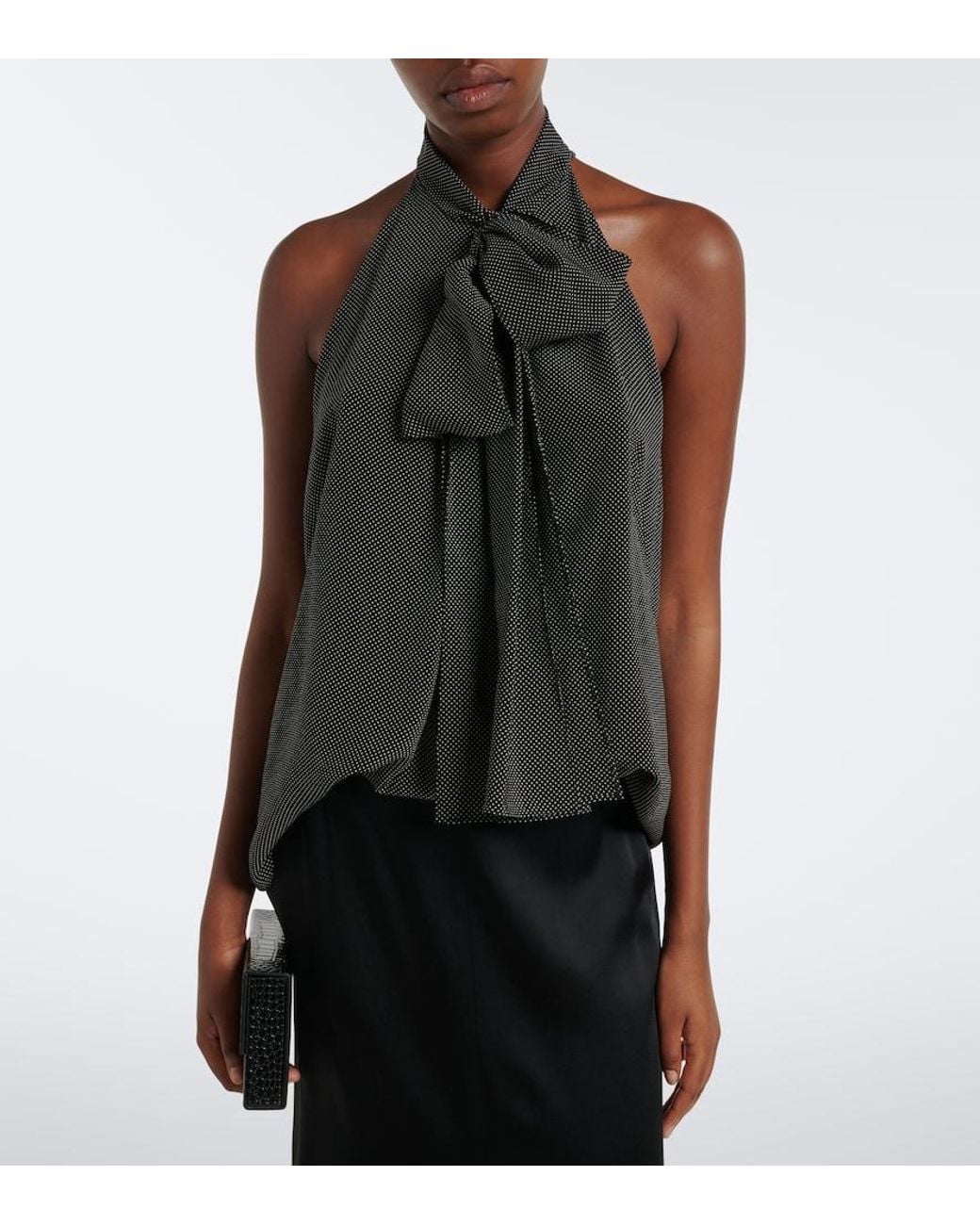 Tom Ford Black Polka-Dot Tie-Neck Silk Crepe De Chine Top