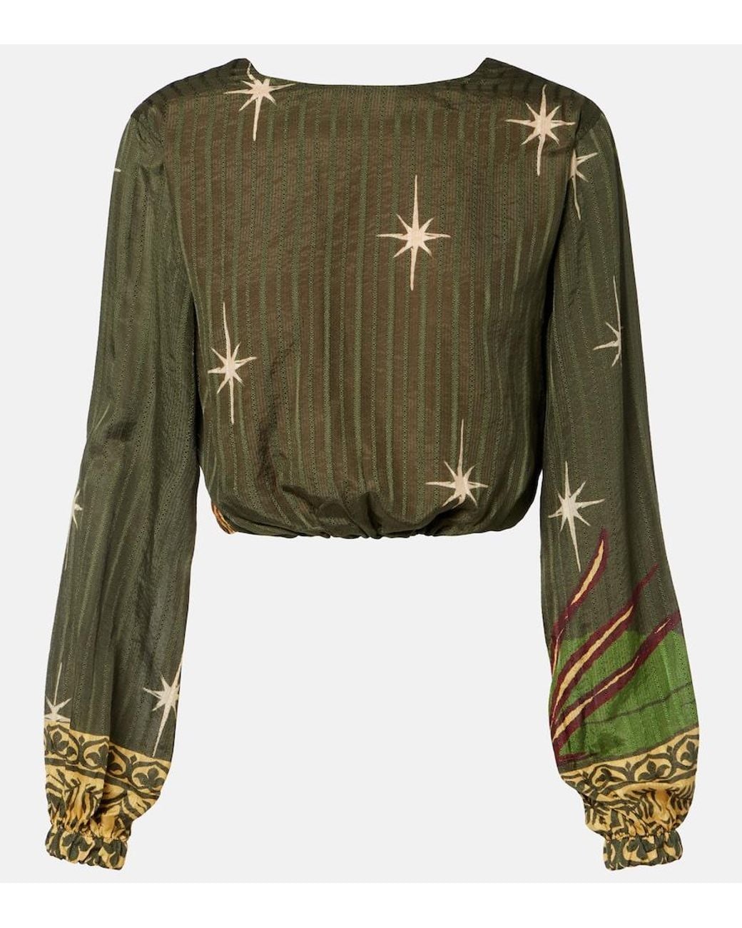 Johanna Ortiz Green Printed Silk And Cotton Jacquard Blouse