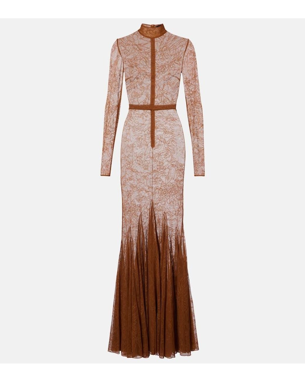 David Koma Brown Sheer Lace Gown
