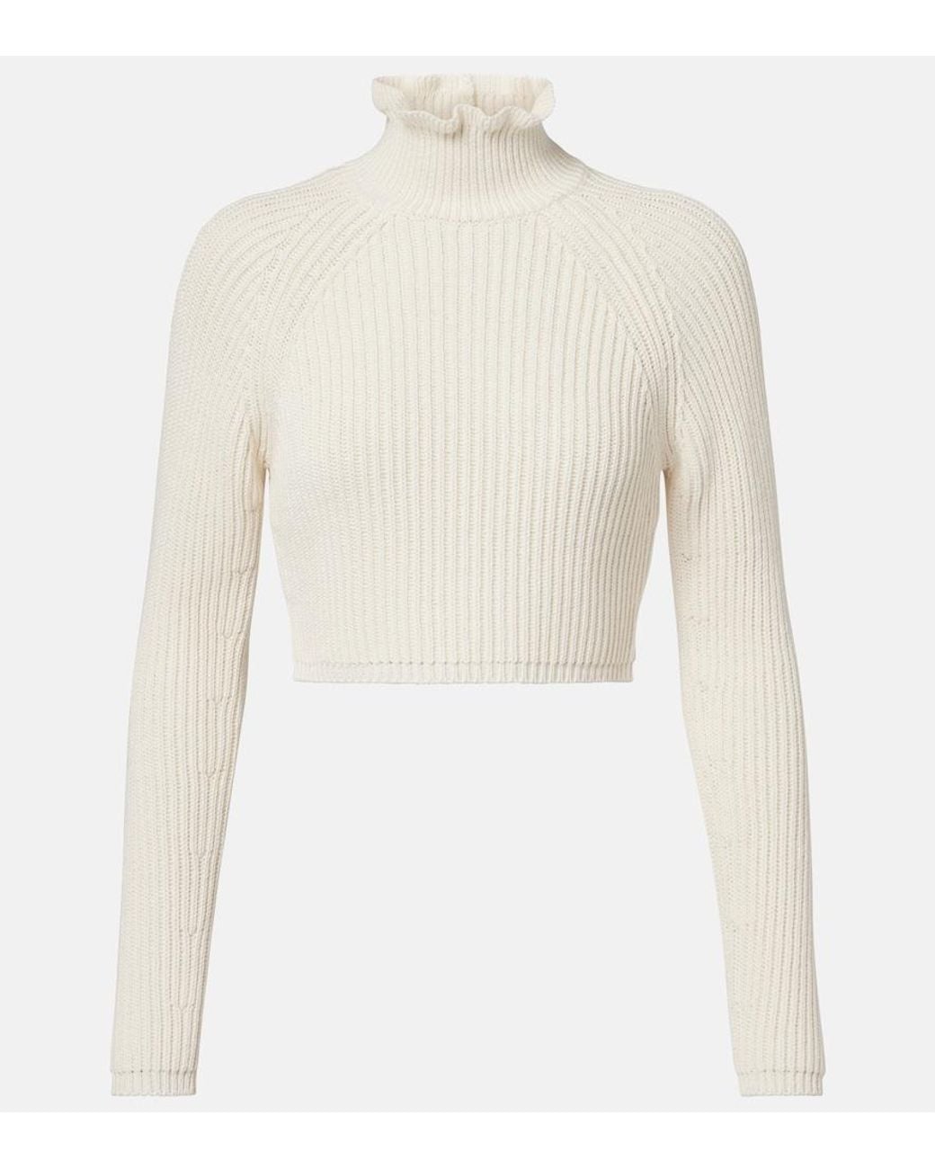 Max Mara White Campo Ribbed-Knit Cropped Turtleneck Sweater