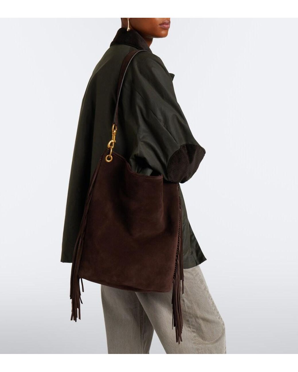 Nili Lotan Black Asher Fringed Suede Shoulder Bag