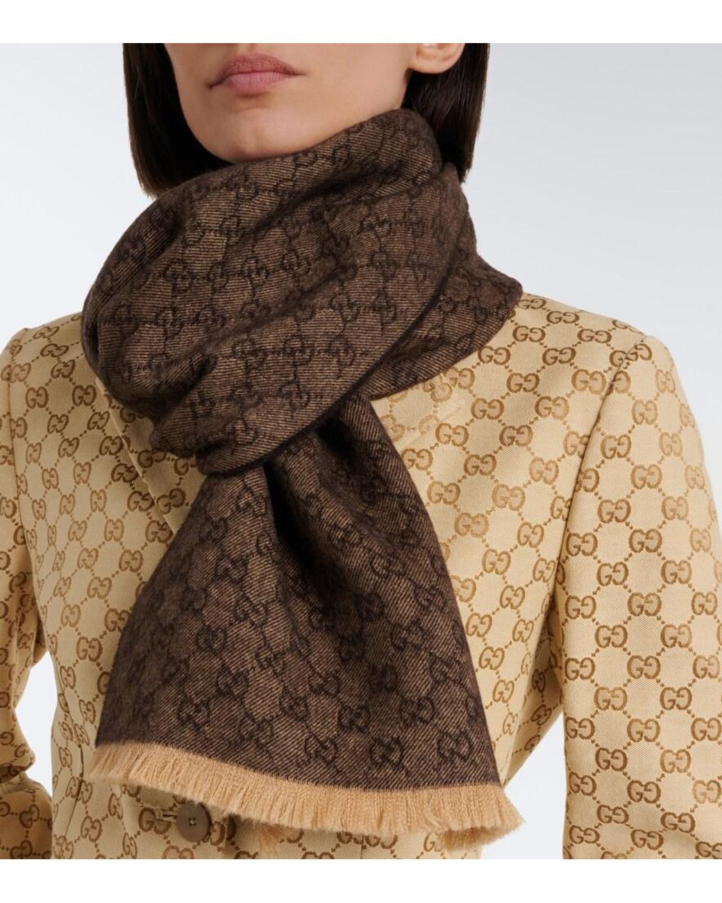 Gucci Brown Gg Jacquard Wool Scarf