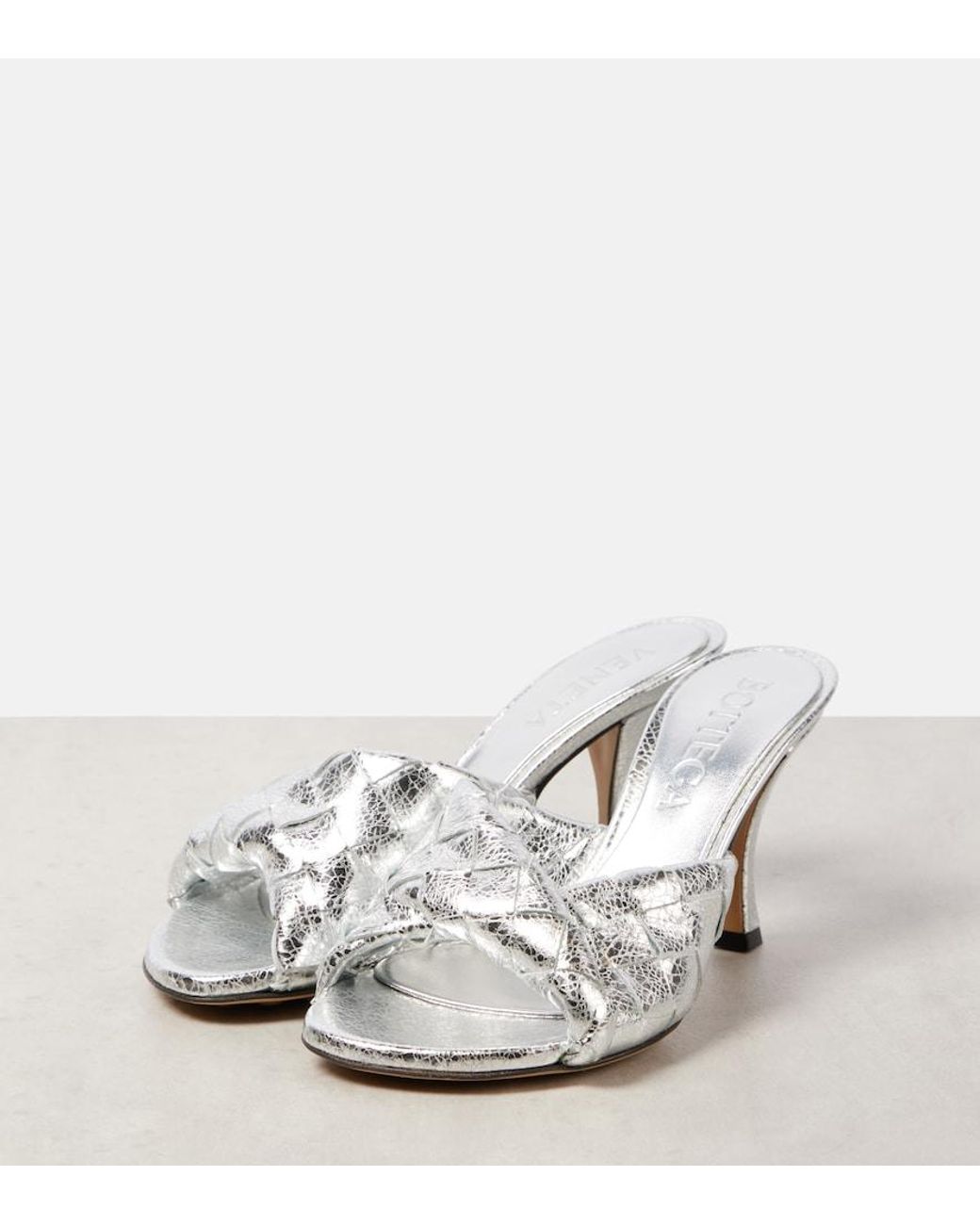 Bottega Veneta White Blink Intrecciato 80 Metallic Leather Mules