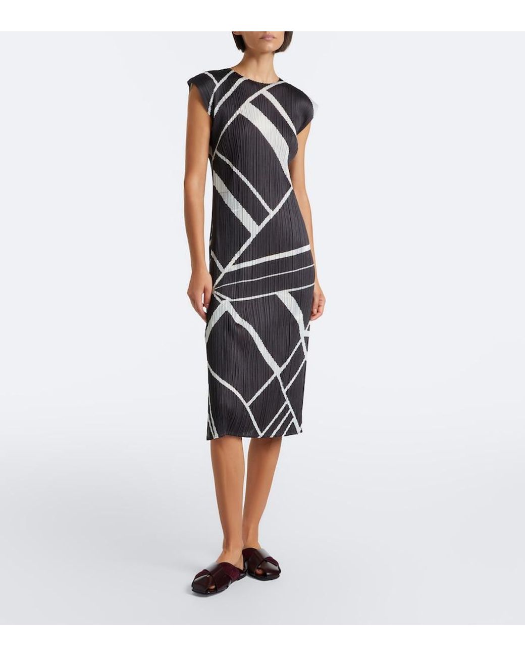 Pleats Please Issey Miyake Black Fold Line Pleated Printed Midi Dress