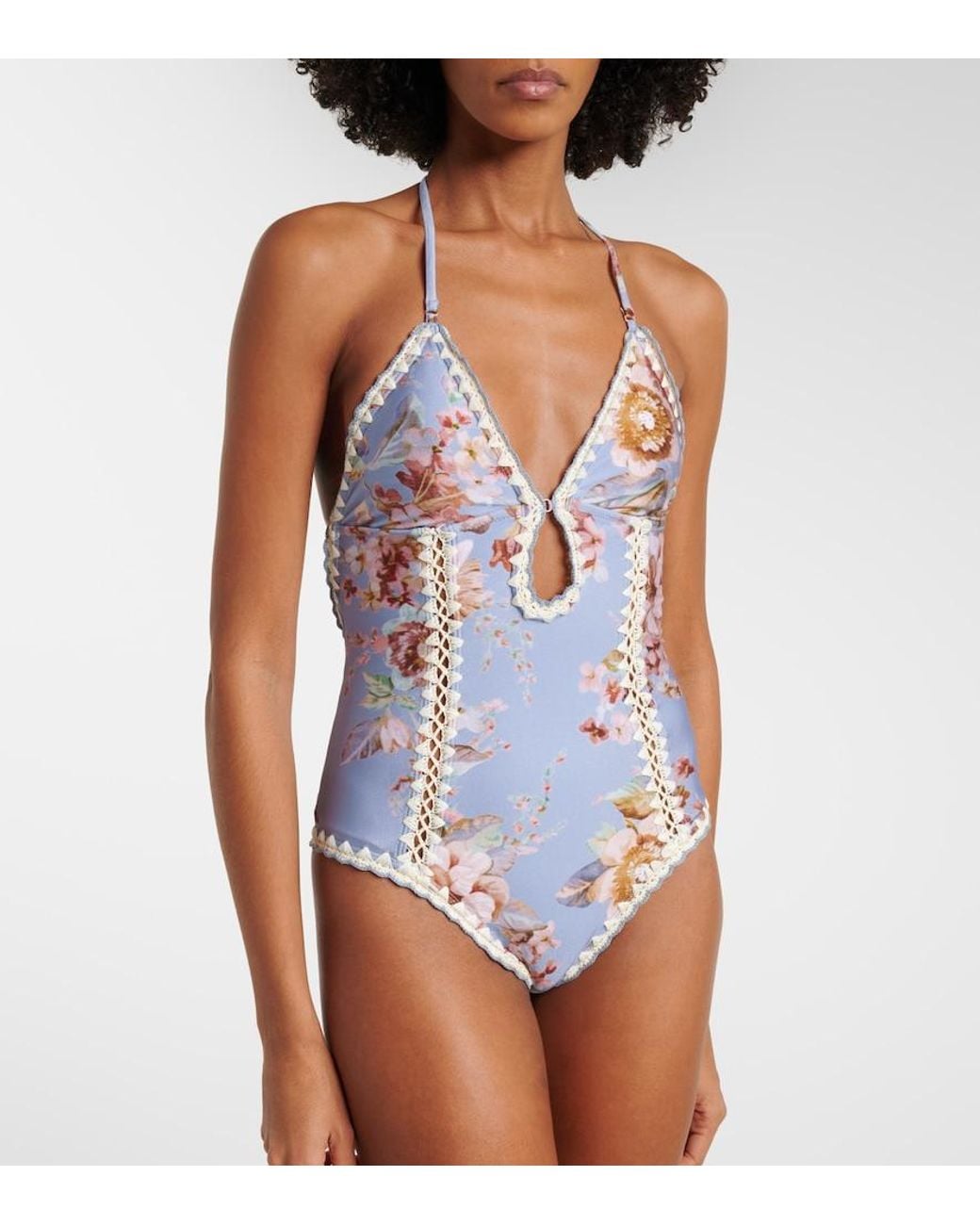 Zimmermann Blue Awaken Floral Crochet-Trimmed Swimsuit
