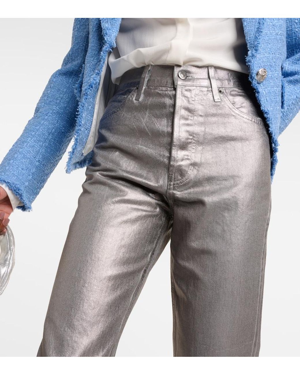 Veronica Beard Gray Daniela Metallic High-Rise Straight Jeans