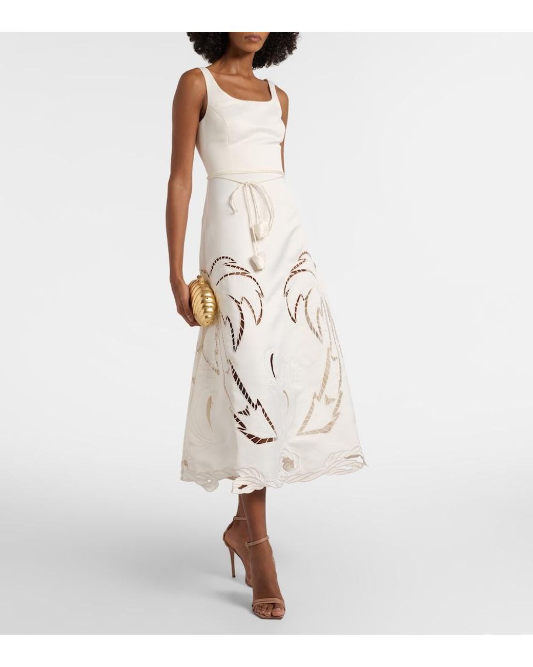 LEO LIN White Palm Laser-Cut Embroidered Midi Dress