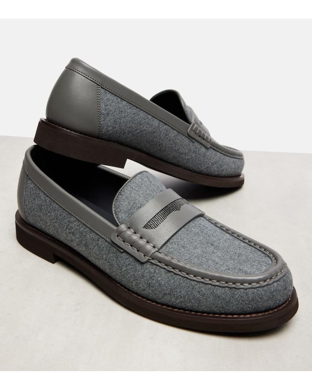 Brunello Cucinelli Gray Monili Leather-Trimmed Loafers