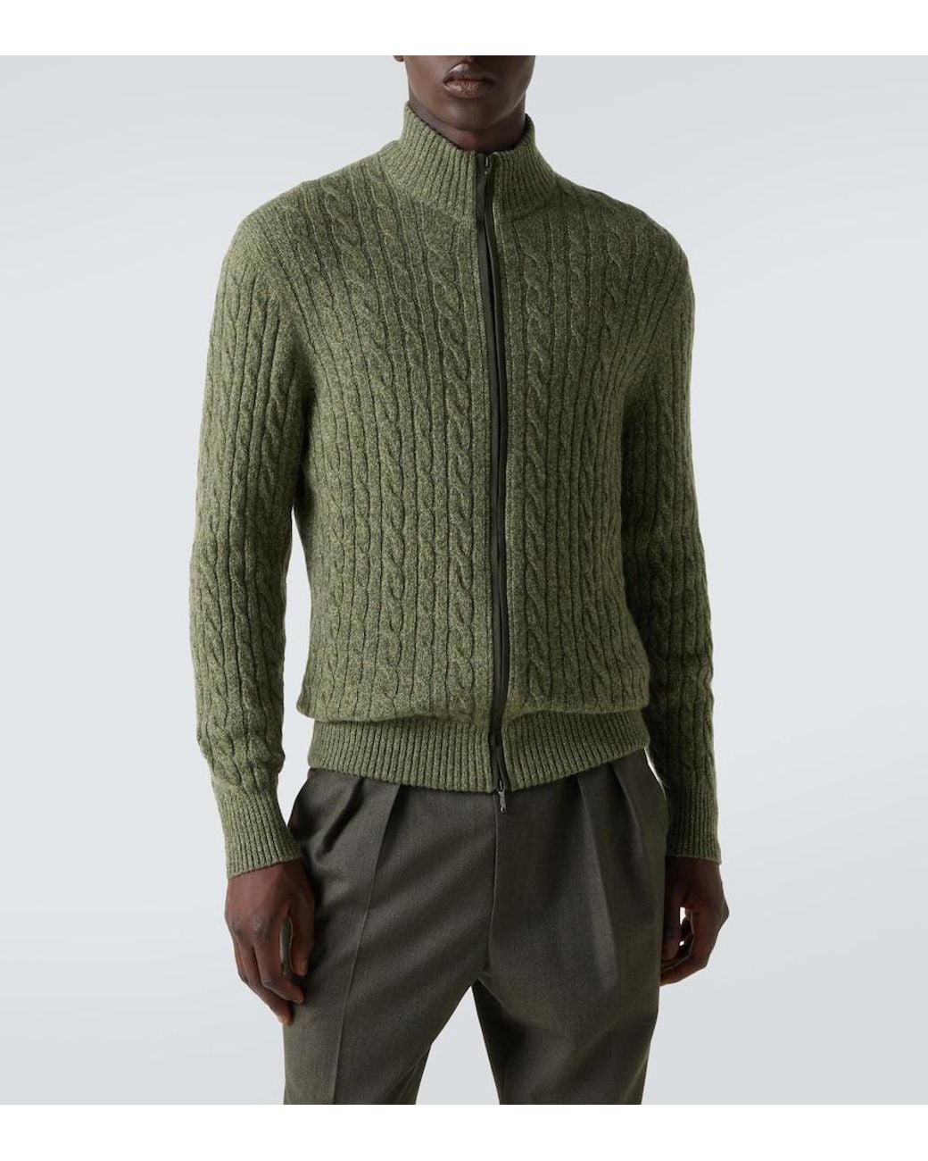Loro Piana Green Cable-Knit Cashmere Zip-Up Sweater for men