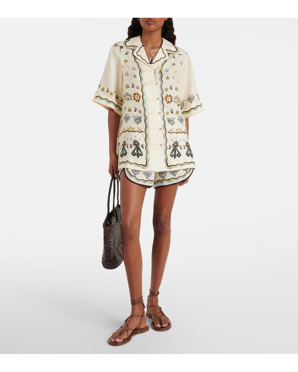 ALÉMAIS Natural Sun Dancer Printed Linen Shorts