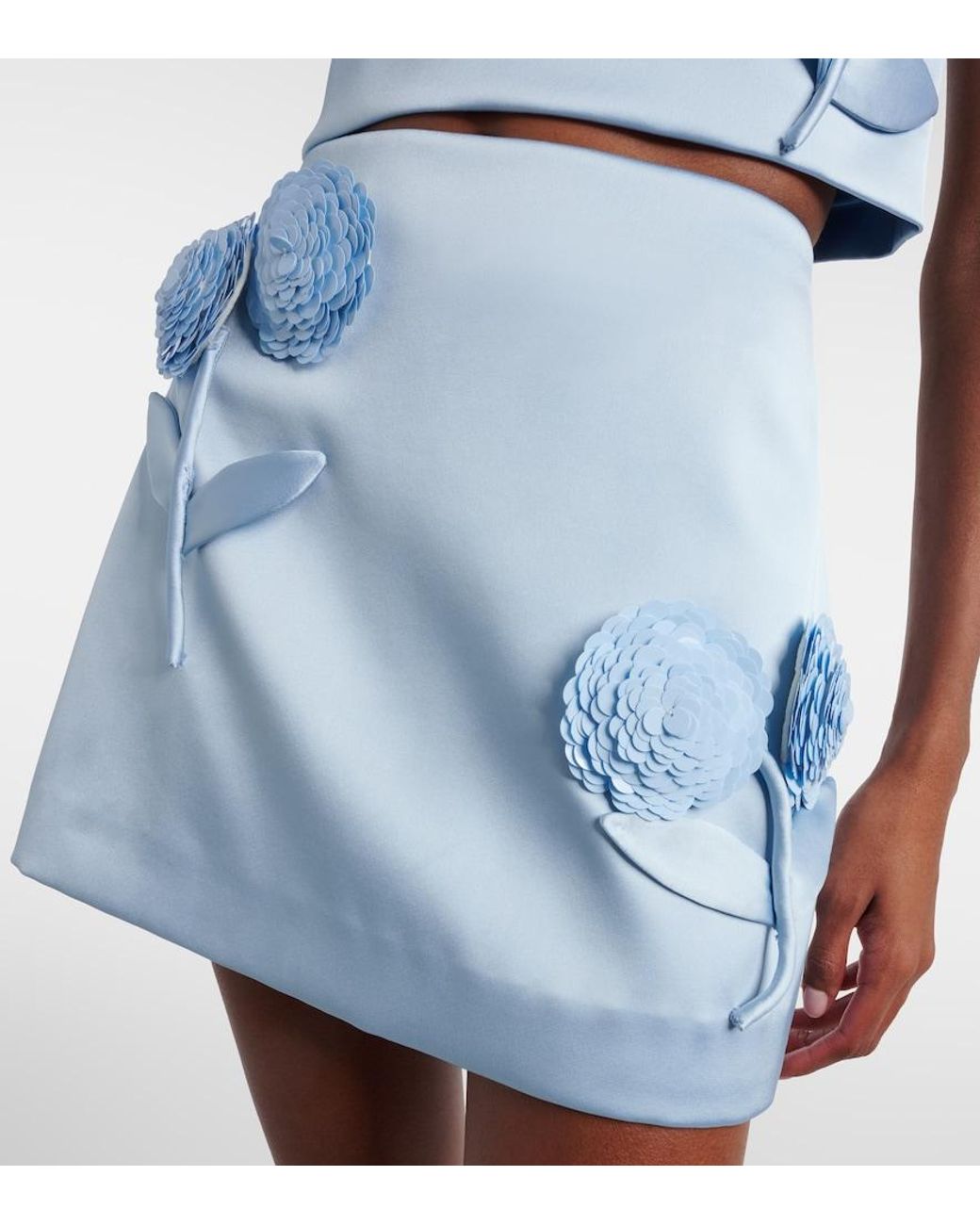 Self-Portrait Blue Floral-Applique Satin Miniskirt