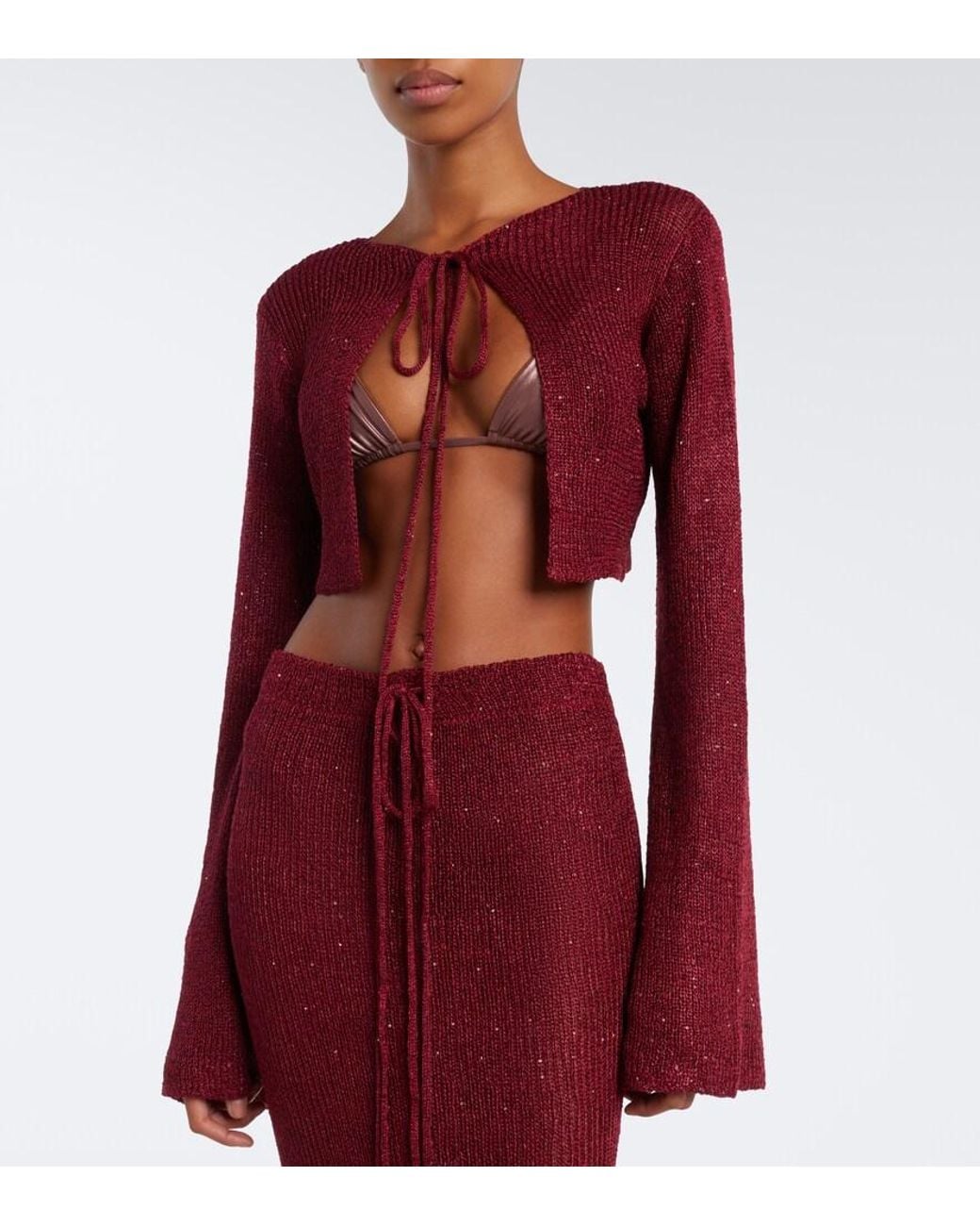 Bananhot Red Alma Cropped Sequined Cardigan