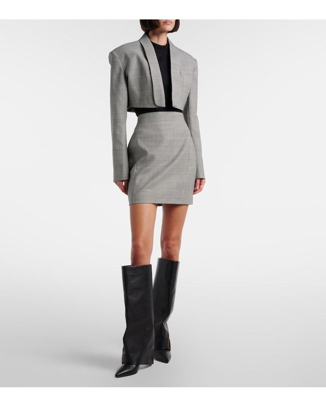 Balmain Gray Houndstooth Cropped Wool-Blend Blazer