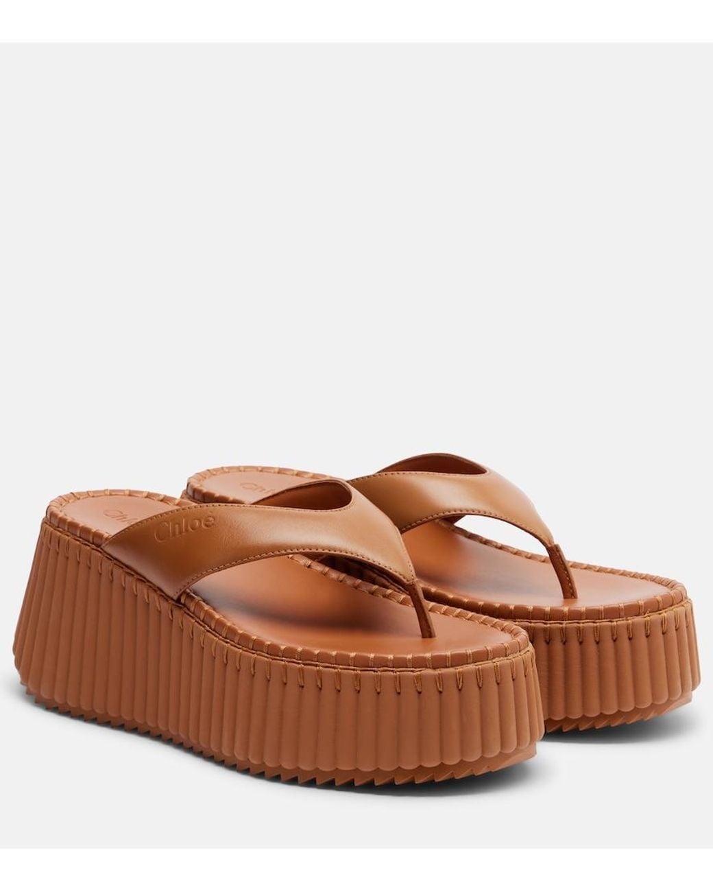 Chloé Brown Nama Leather Platform Thong Sandals