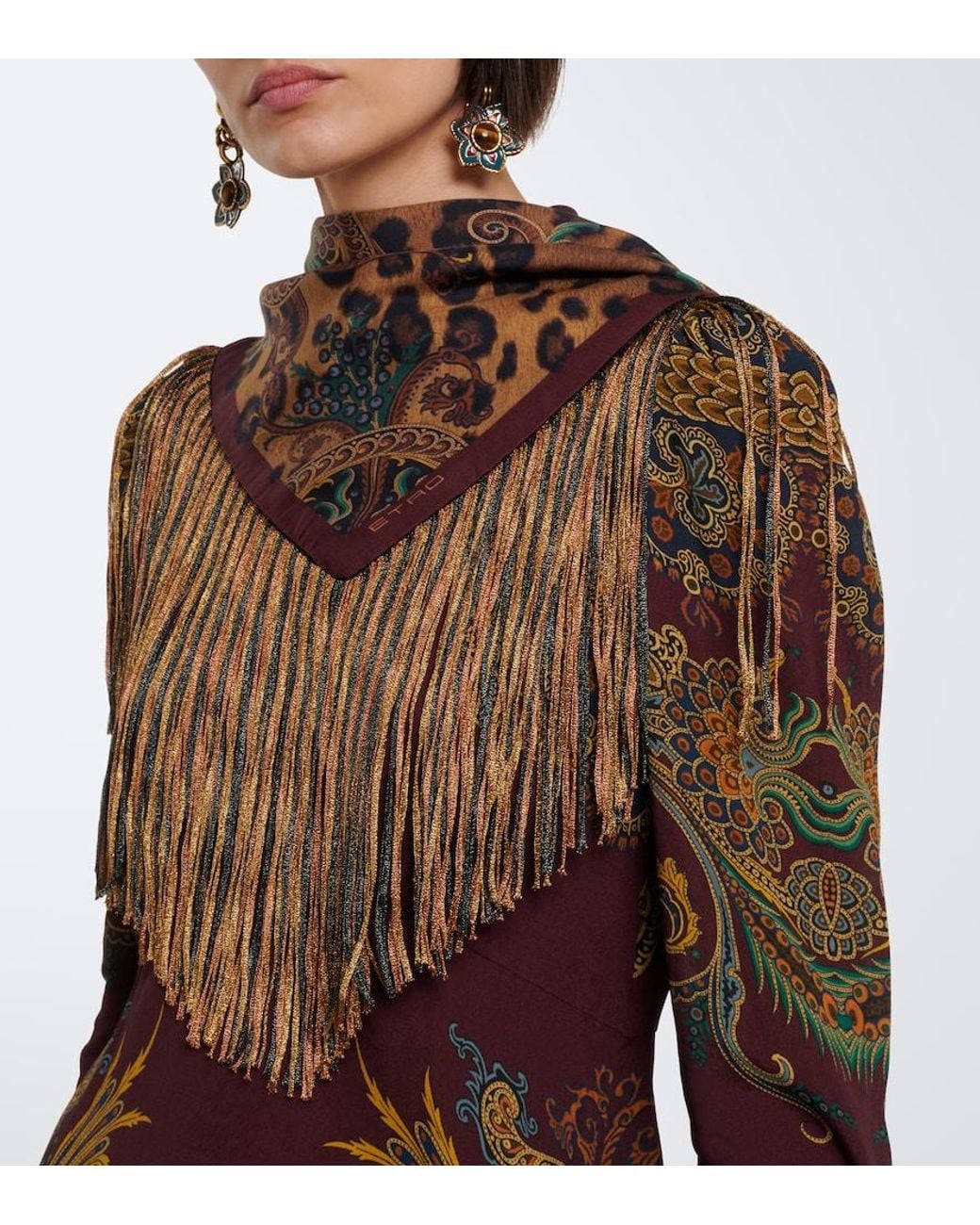 Etro Brown Fringed Leopard-Print Paisley Silk Scarf