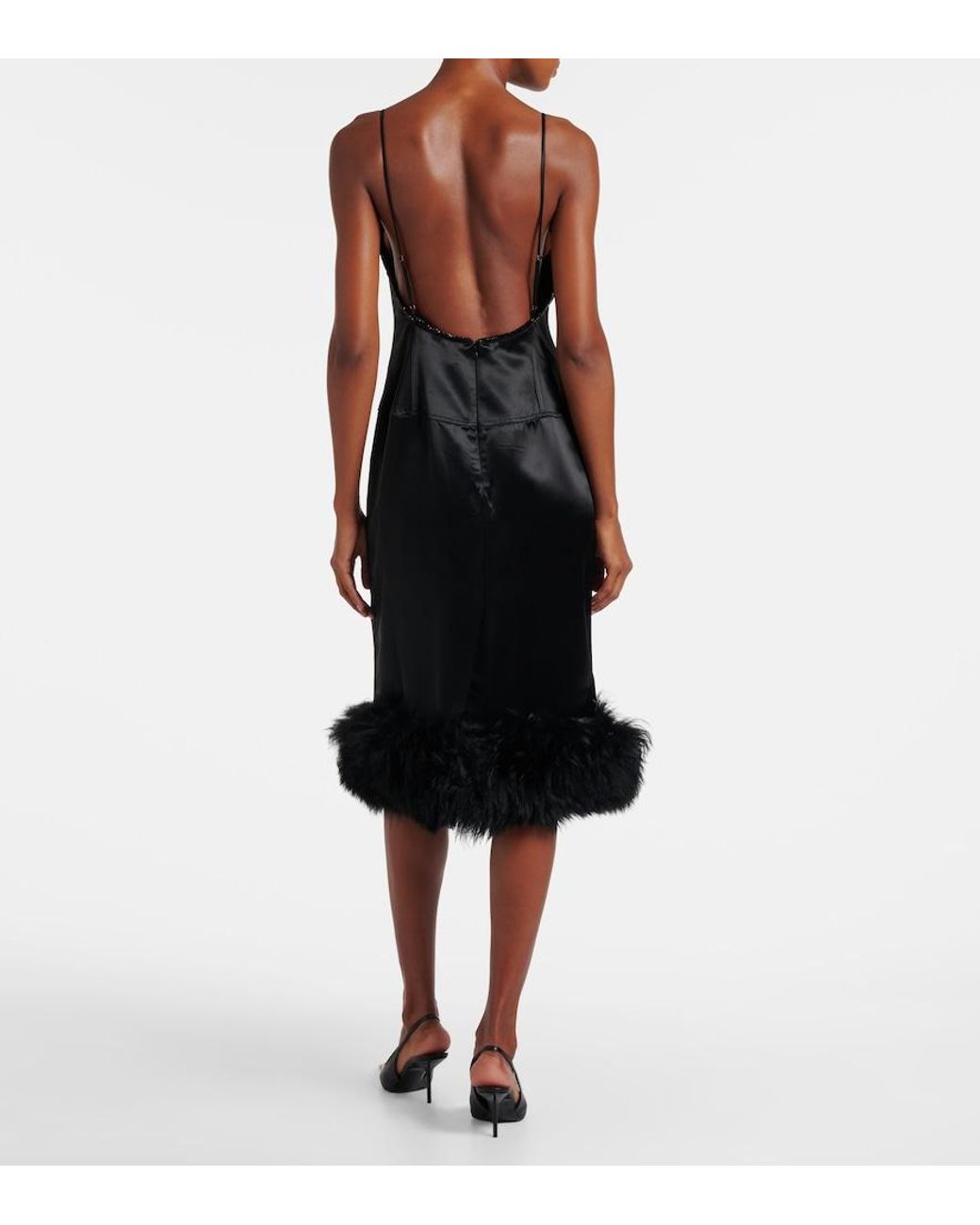 JACQUES WEI Black Shearling-Trimmed Satin Slip Dress