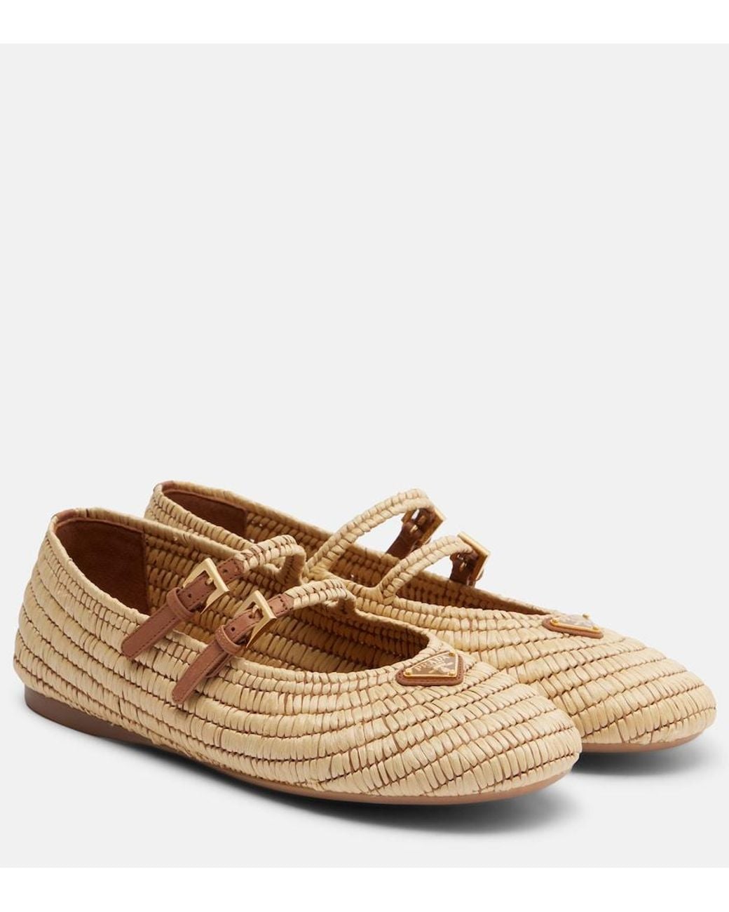 Prada Brown Crochet Raffia-Effect Mary Jane Flats