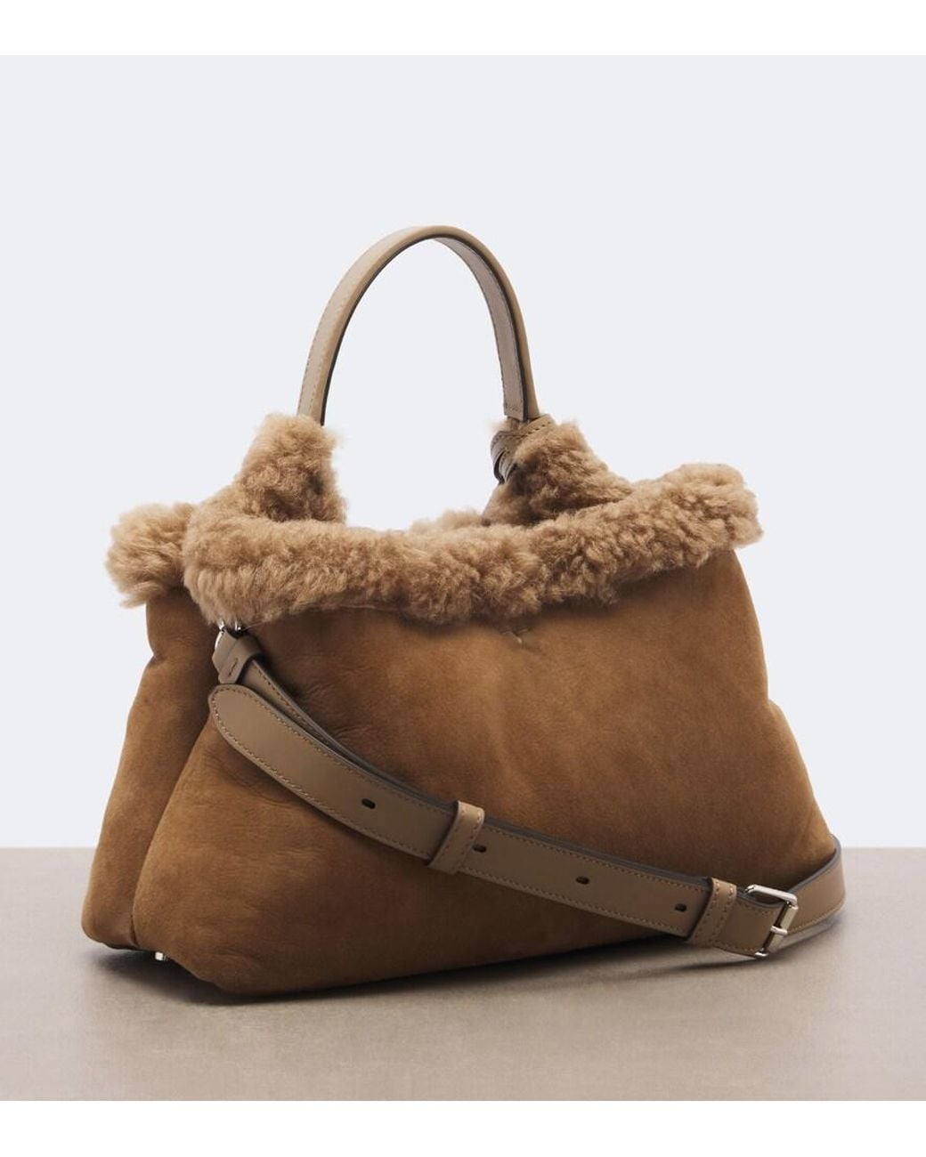 Tod's Brown T Timeless Shearling-Lined Suede Tote Bag