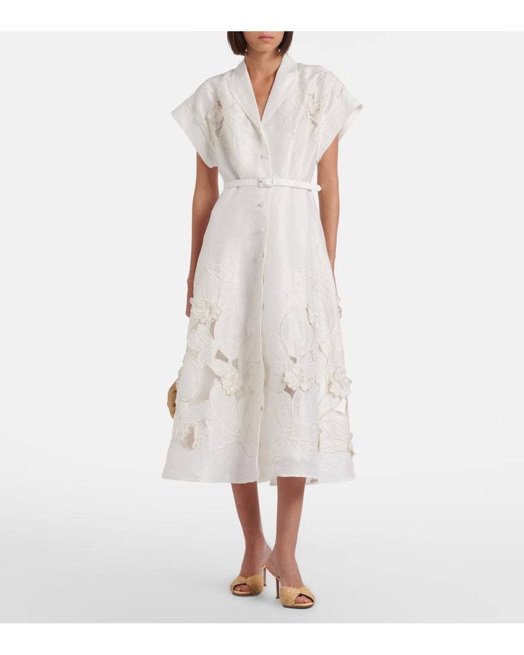 LEO LIN White Aubrey Floral-Applique Linen-Blend Shirt Dress