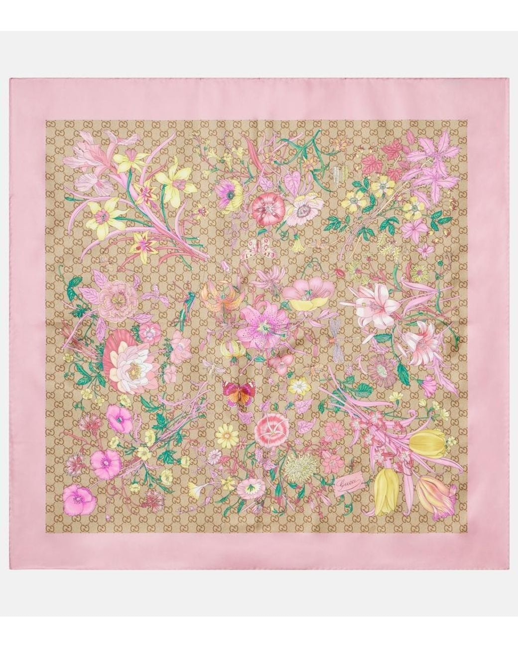 Gucci Pink Gg Flora Silk Twill Scarf