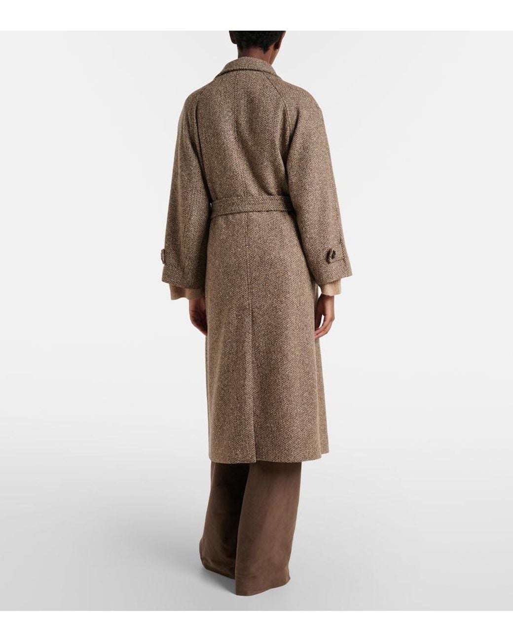 Brunello Cucinelli Brown Belted Herringbone Wool-Blend Coat