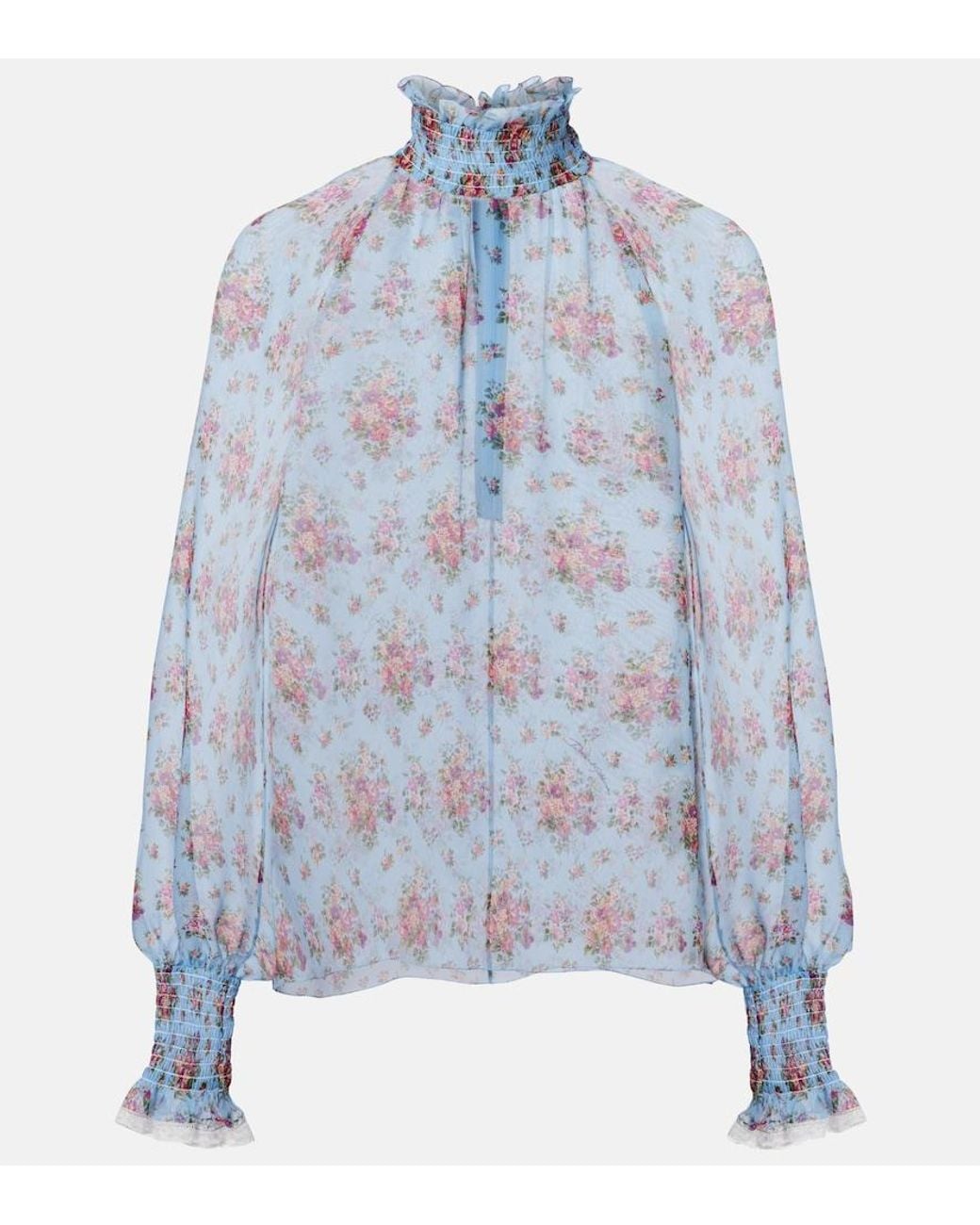 Dolce & Gabbana Blue Floral Ruffled Silk And Cotton Blouse