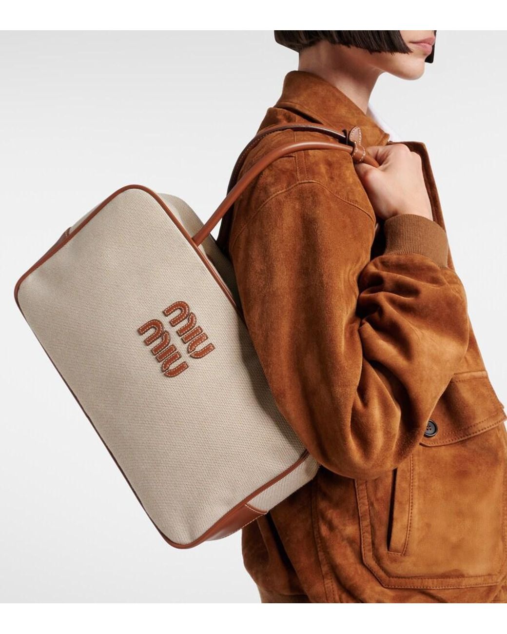 Miu Miu Natural Beau Leather-Trimmed Canvas Tote Bag