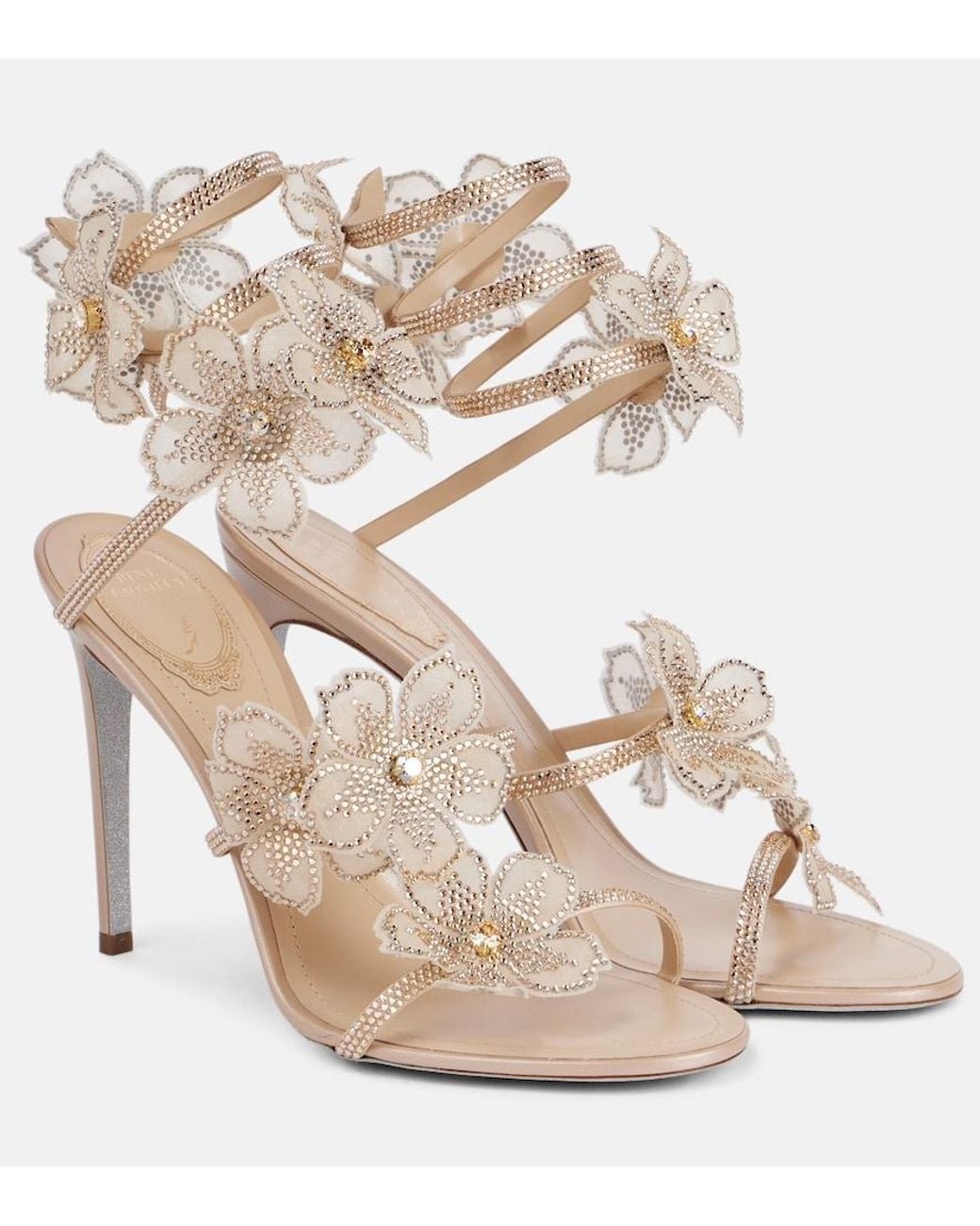 Rene Caovilla Natural Peach Flower Floral-Applique Satin Sandals