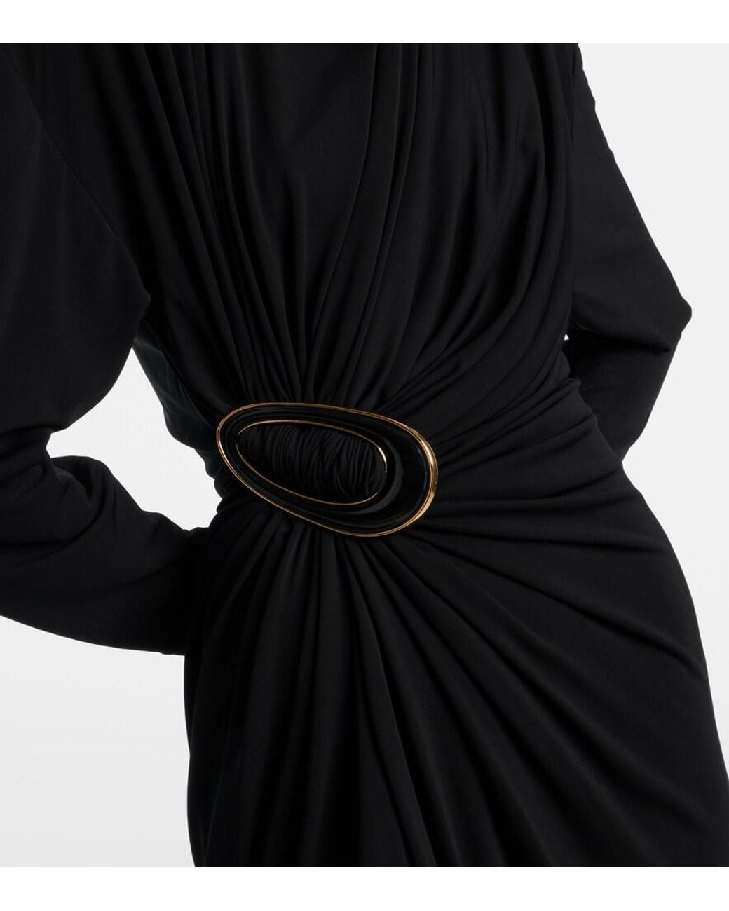 Bottega Veneta Black Gathered Crepe Jersey Midi Dress