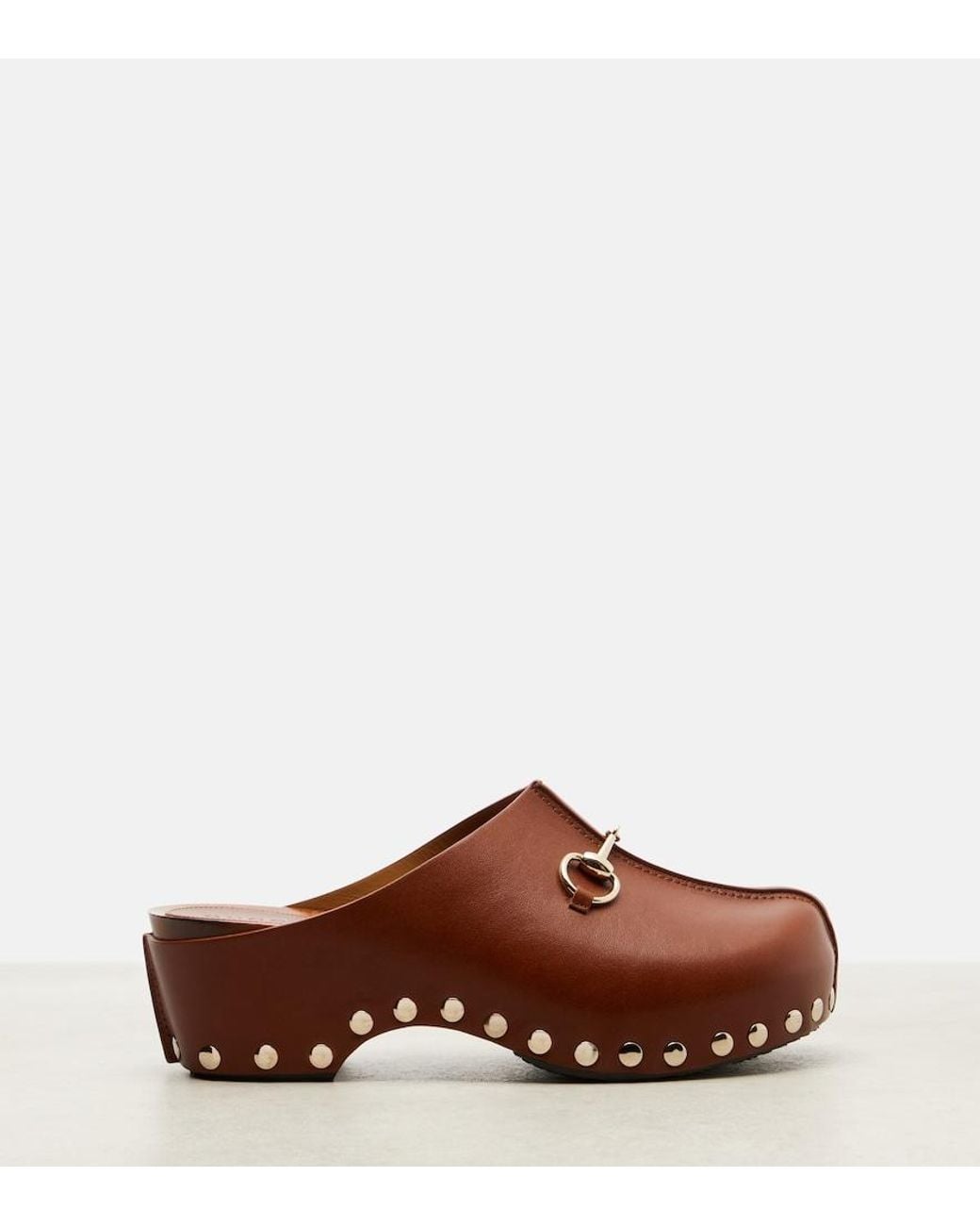 Gucci Brown Horsebit Studded Leather Platform Clogs