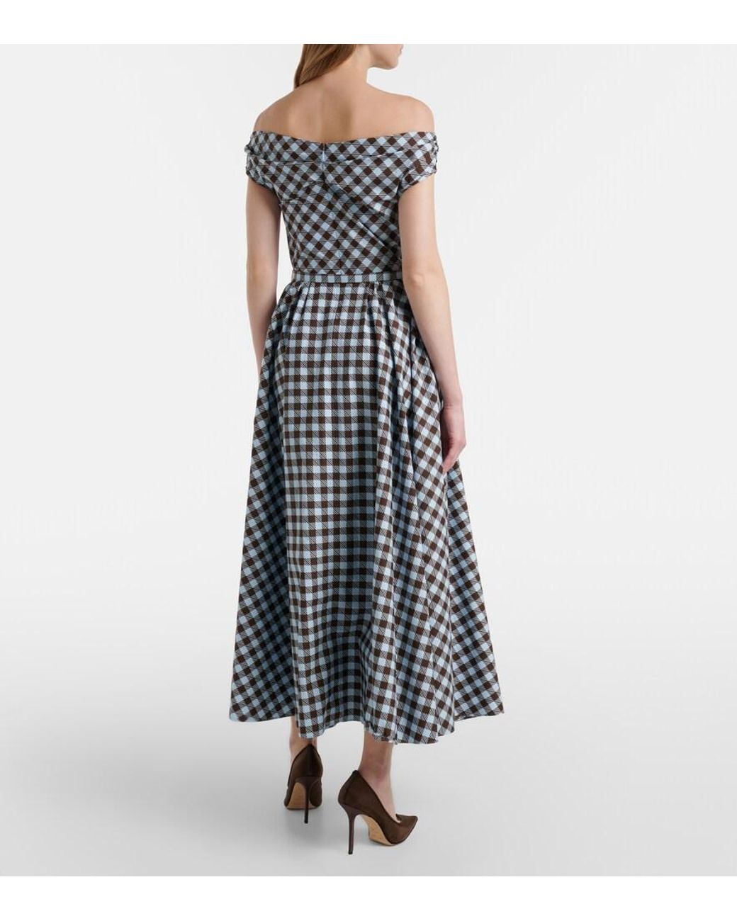 Oscar de la Renta Blue Gingham Cotton-Blend Midi Dress