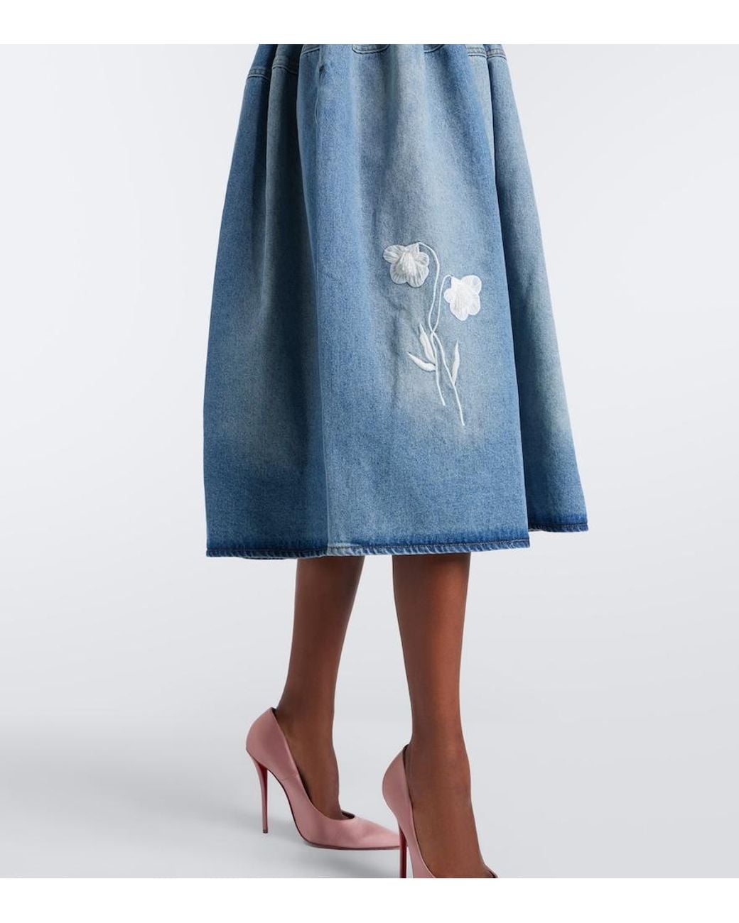 Erdem Blue Floral-Applique Denim Midi Skirt