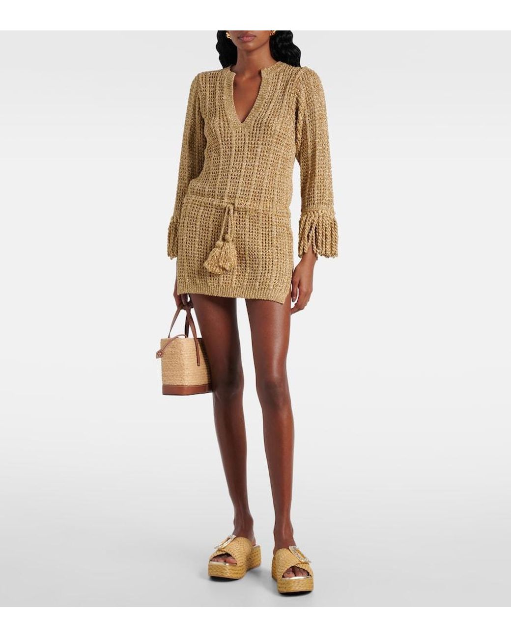 Roger Vivier Metallic Embellished Raffia Espadrille Slides