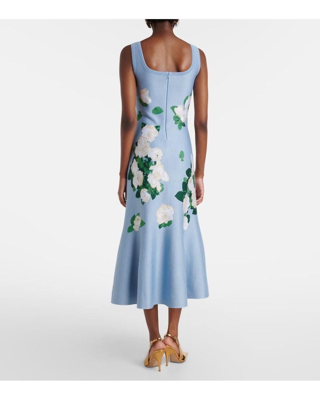 Carolina Herrera Blue Floral Silk-Blend Midi Dress
