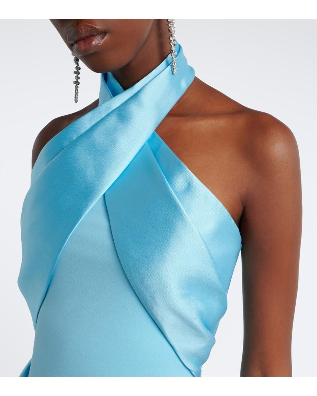 Solace London Blue Rumi Halterneck Satin-Trimmed Crepe Gown